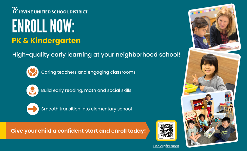IUSD “Enroll Now: PK & Kindergarten” flyer with young students, key benefits and QR code.