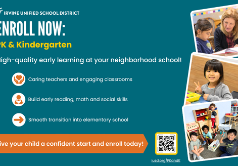 IUSD “Enroll Now: PK & Kindergarten” flyer with young students, key benefits and QR code.
